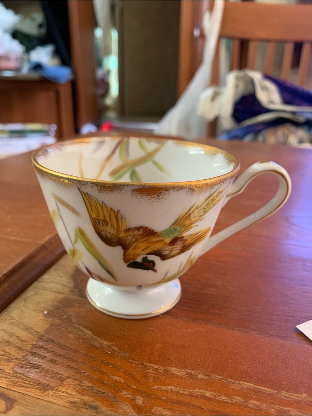 Vintage Lefton China Hand Painted Ring Necked Pheasant & Foliage Teacup Gilded